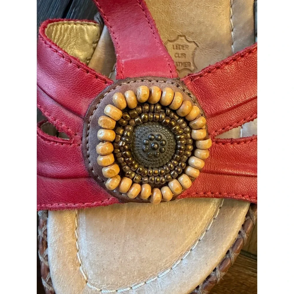 Remonte Red Tan Leather Beaded Wedge Sandals Womens 37 Slingback Boho US Sz 6.5